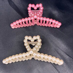 Heart-Shaped Pearl Hair Clips - Pink and Cream